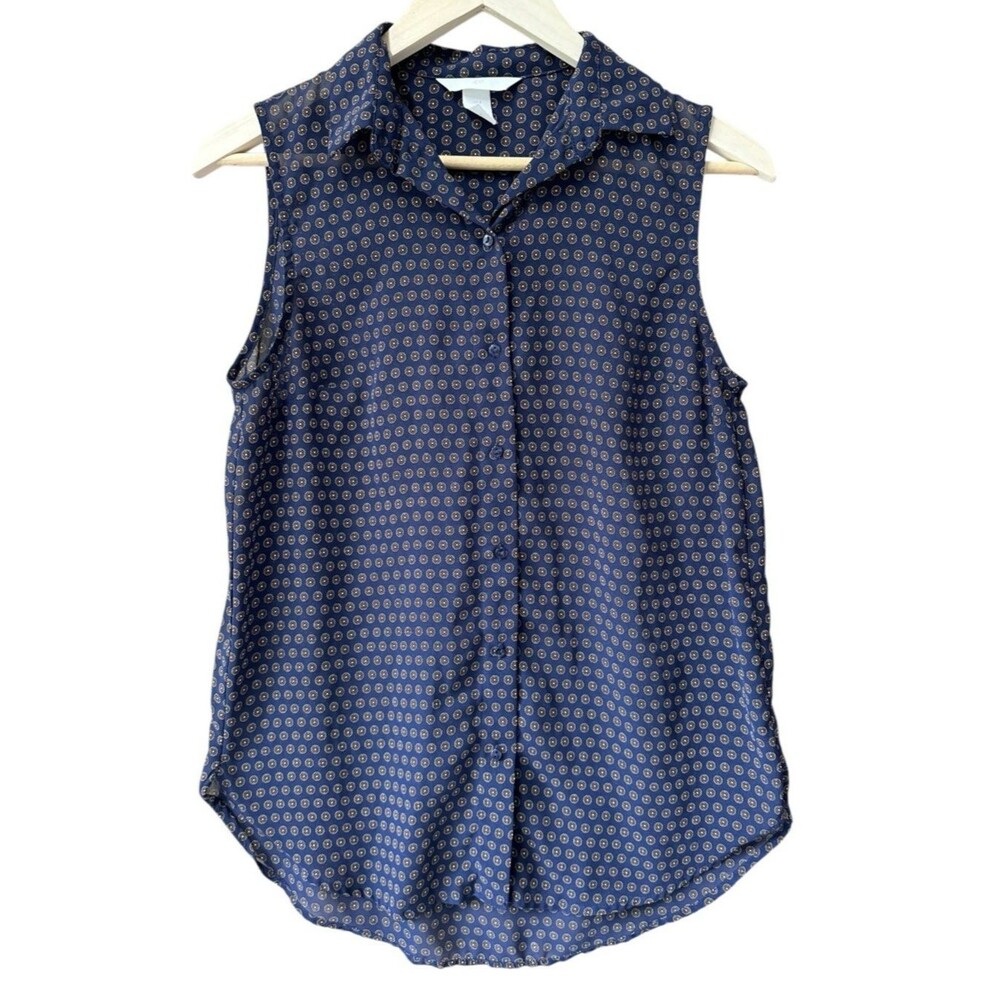 H&M Sheer Sleeveless Blouse Size 4 Navy Blue Button Geometric Loose Fit Flowy